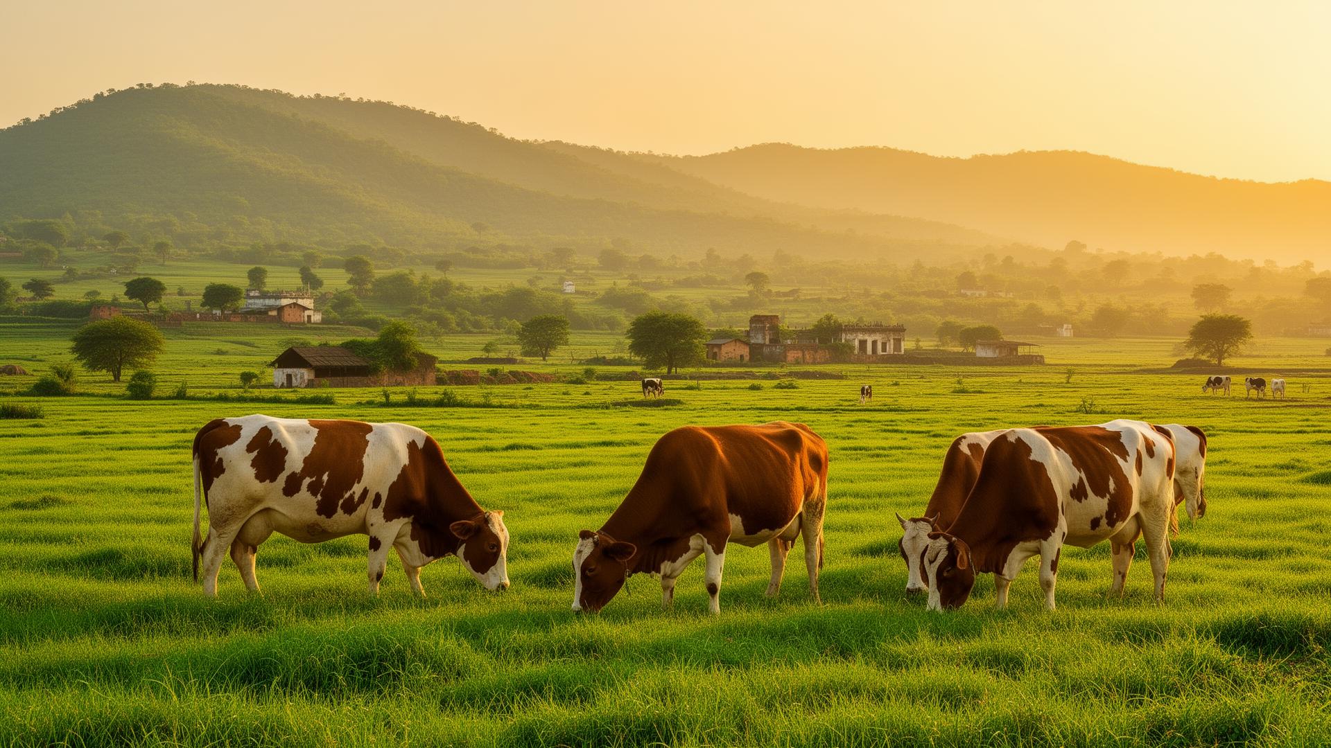 Lush green dairy farm with cows grazing at golden hour